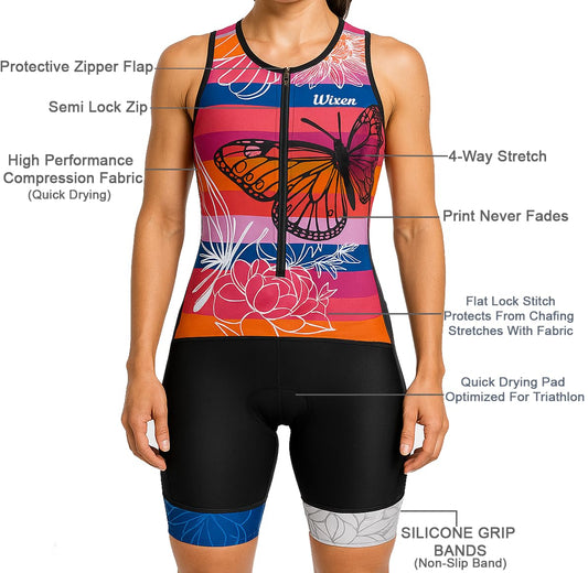 Women in women’s tri suit – swim, bike & run performance