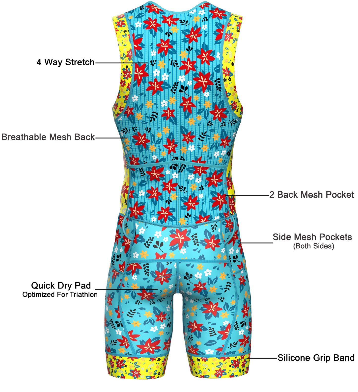 Back view of men’s padded tri suit with compression fabric