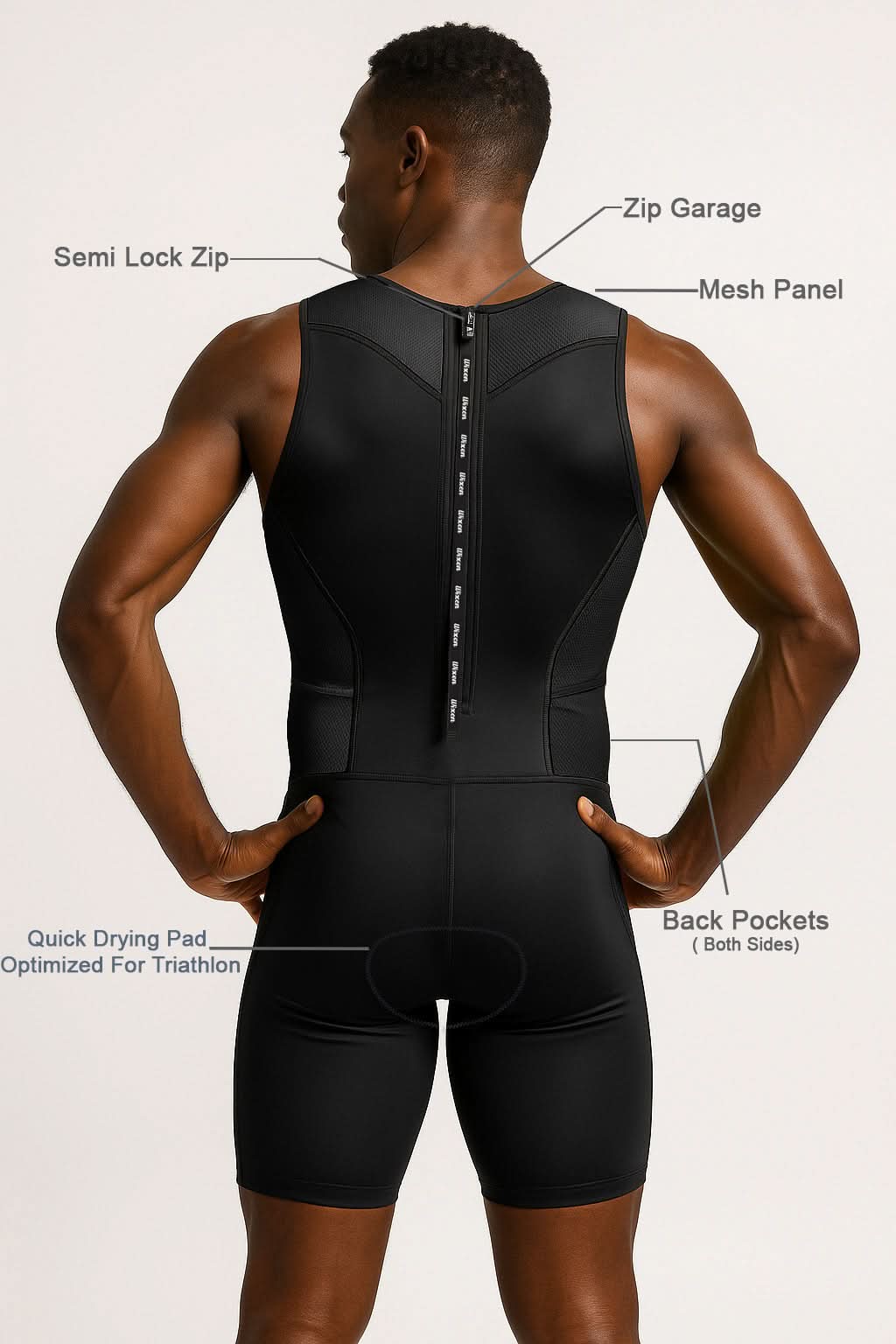 Men's Black Sleeveless Rear Zip Performance Triathlon Suit
