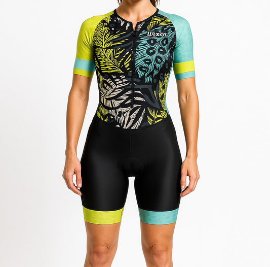 Cycling suit with leaf pattern on a white background