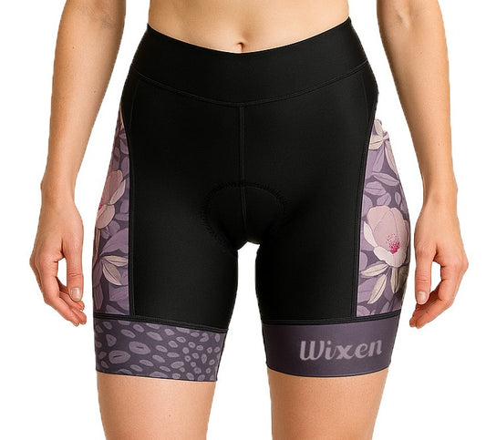Women 4D Padded Violet Floral Cycling Shorts with Pockets