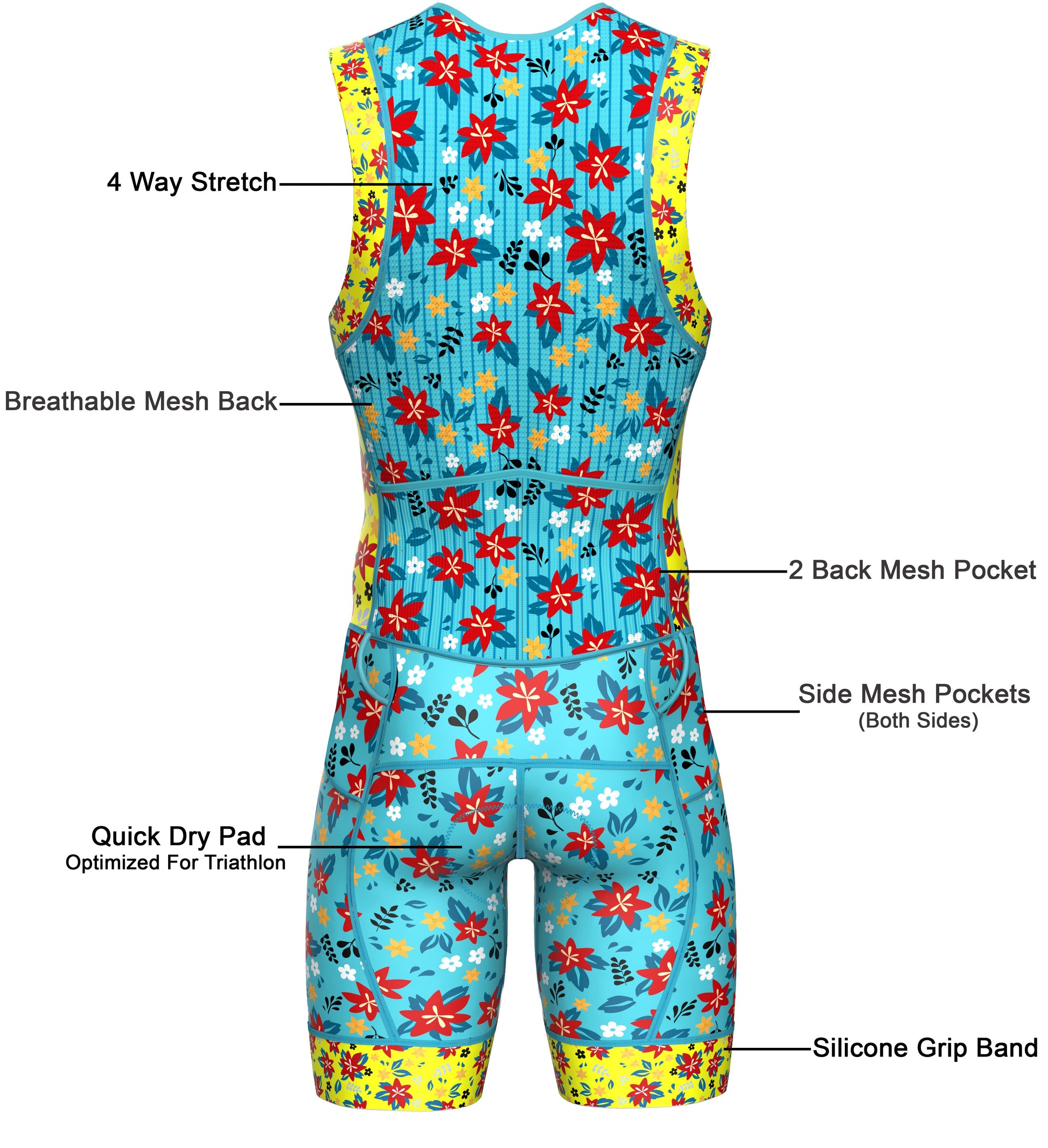Back view of men’s padded tri suit with compression fabric