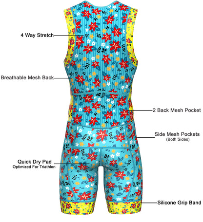 Back view of men’s padded tri suit with compression fabric