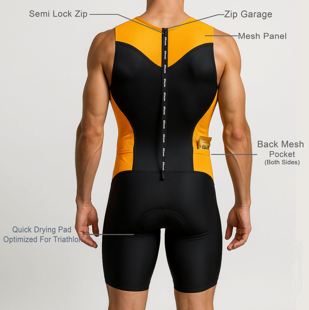 Men's Orange Sleeveless Rear Zip Performance Triathlon Suit